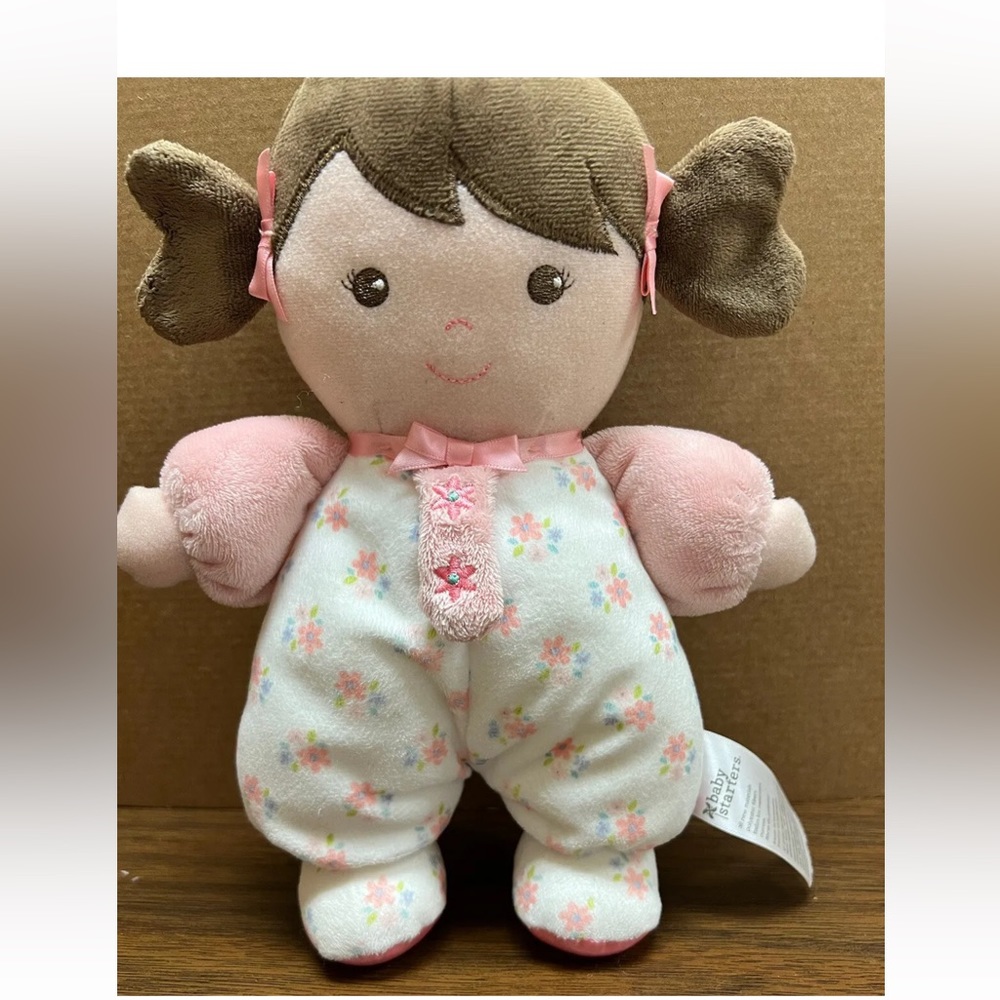 BABY STARTERS Olivia 2018 Brown Hair Pink White Pajama Rattle Plush Doll 8" Rare